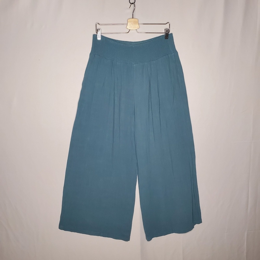 Linen Blend Wide Leg Pants Women XL Teal Green Coastal Boho Artsy Fairy Minimal
